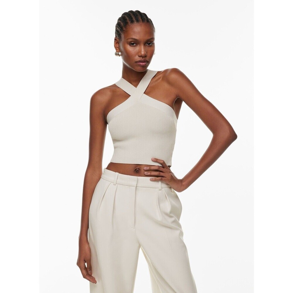 Aritzia Babaton Sculpt Knit Ribbed Knit Criss Cross Halter Top Beige Size M